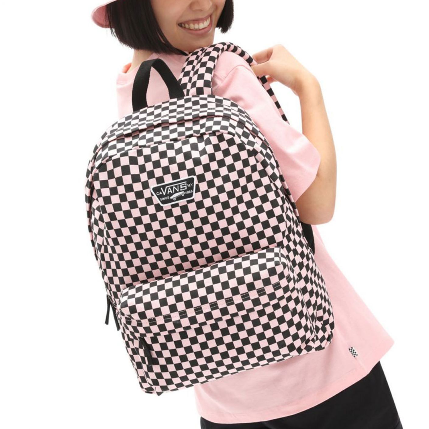 Pink and white checkered vans backpack best sale