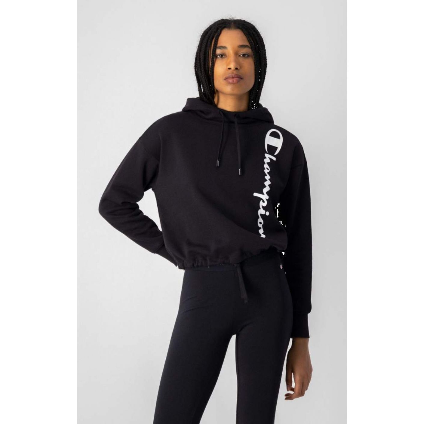 Champion Vertical Script Logo Fleece Hoodie Black for Women