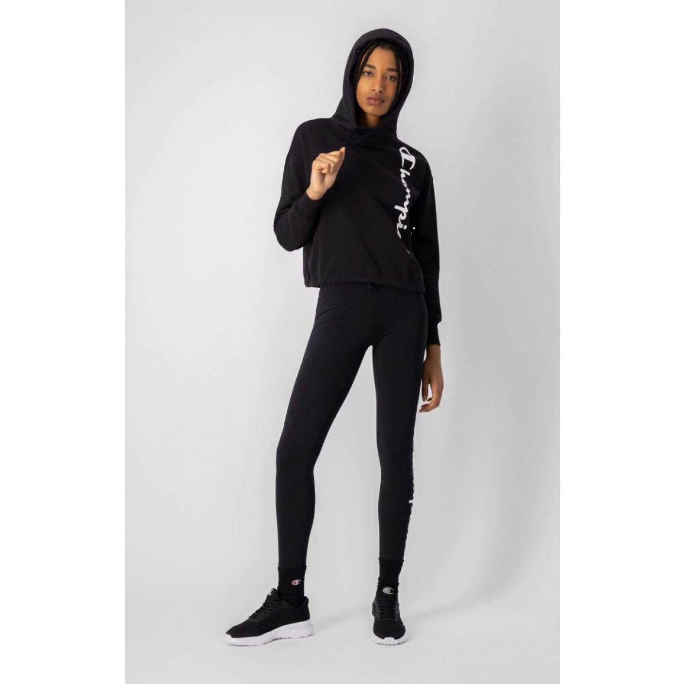 Champion Vertical Script Logo Fleece Hoodie Black for Women