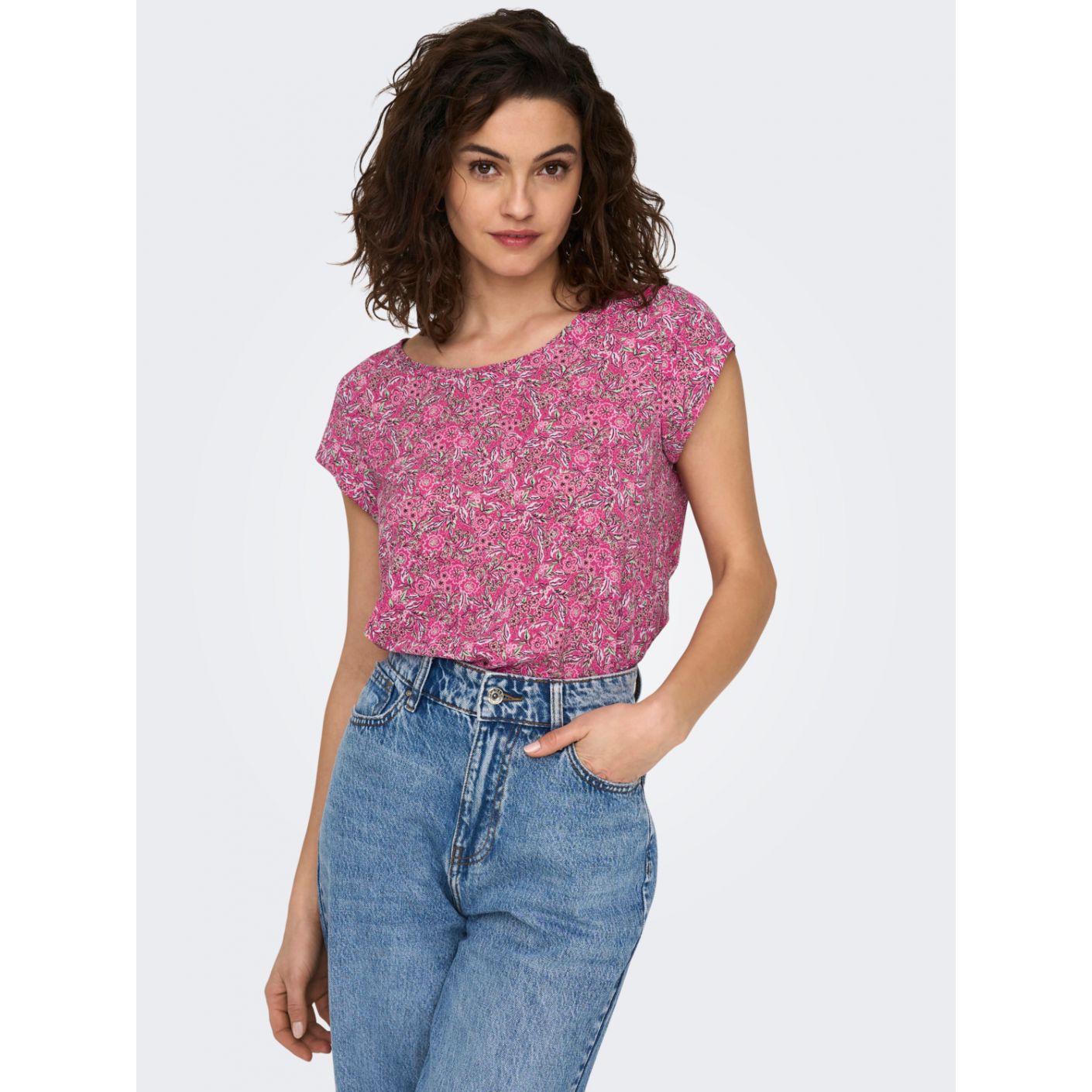 Only Women's Very Berry/Floral Boho Printed Short Sleeve Top