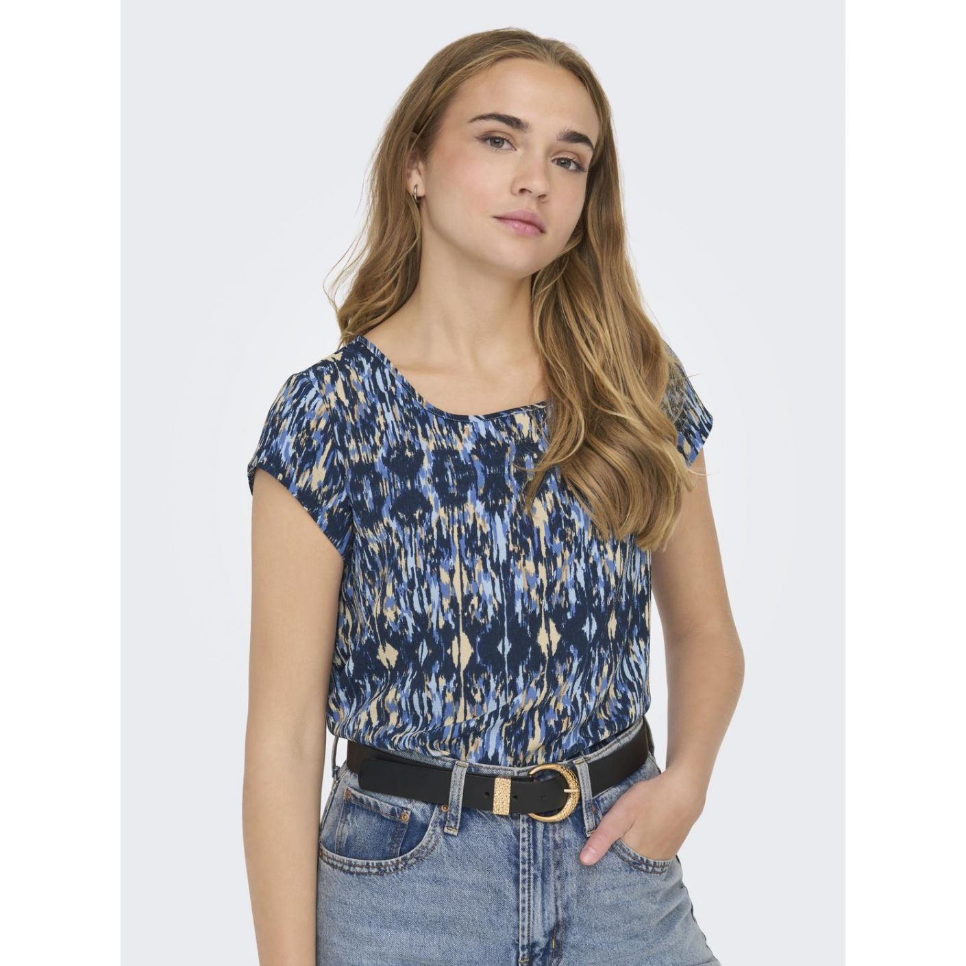 Only Women's Forever Blue/Ethinic Rebel Printed Short Sleeve Top