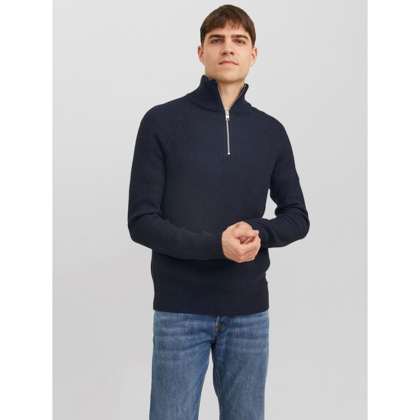 Jack&Jones Blauer gerippter Pullover mit halbem Reißverschluss für Herren