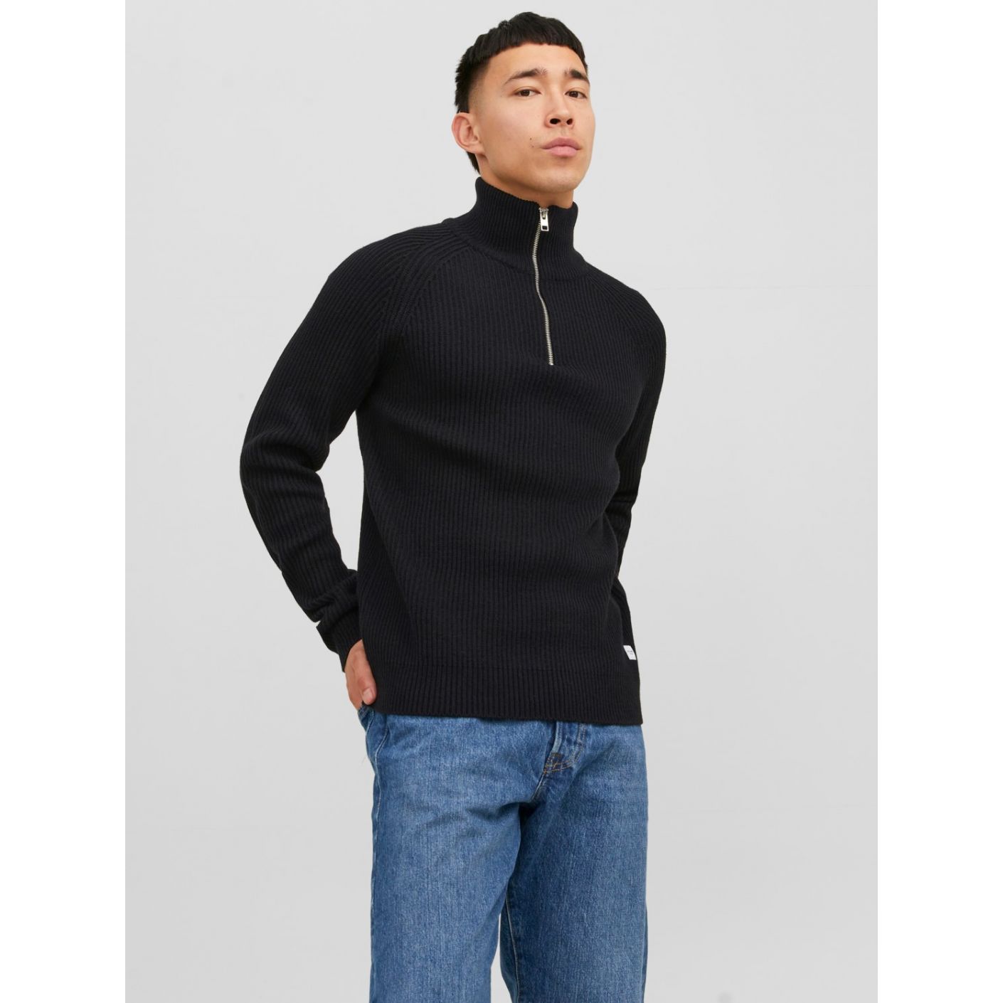 Jack&Jones Men's Black Half Zip Ribbed Pullover