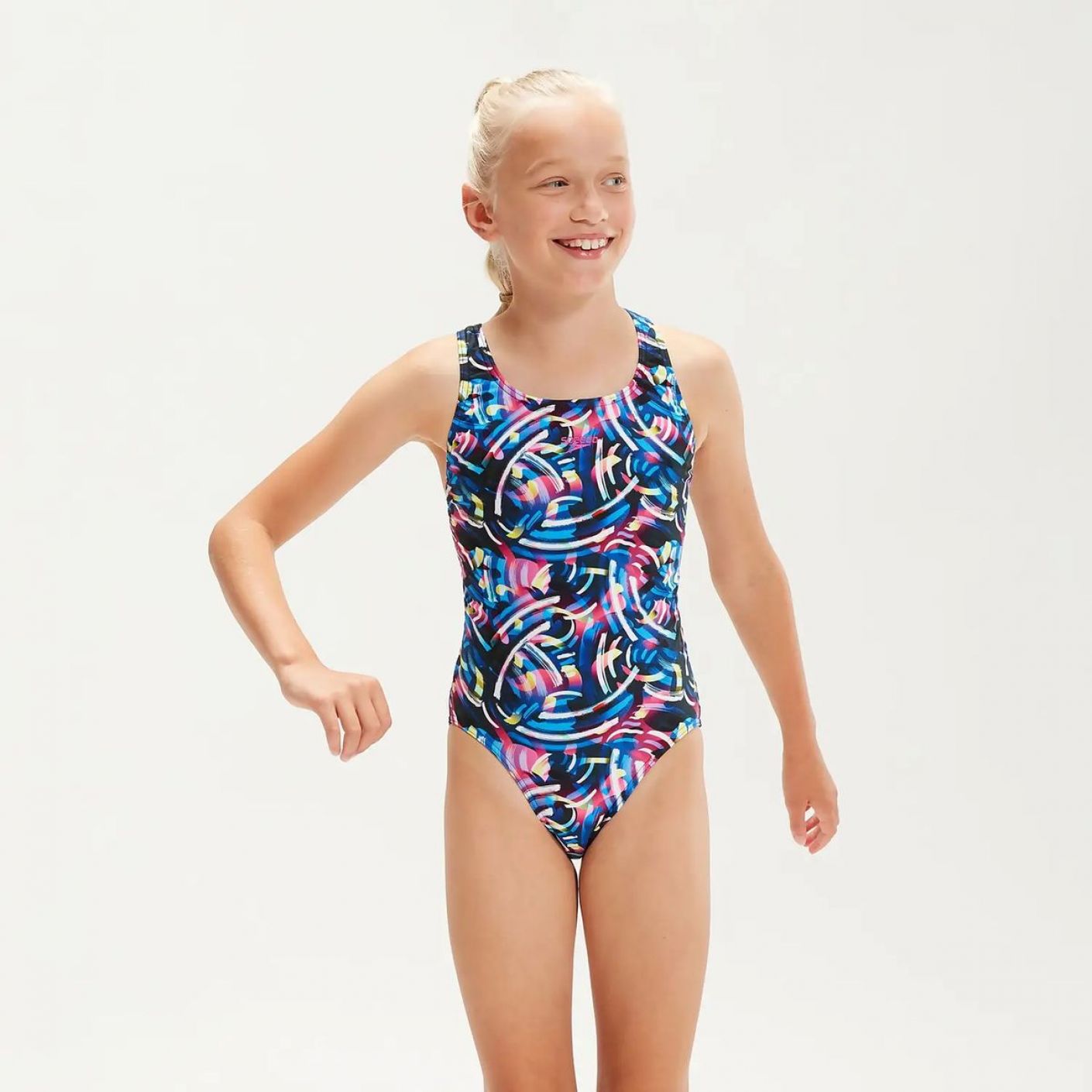 Speedo Leaderback with all over digital print Black/Blue for Girls