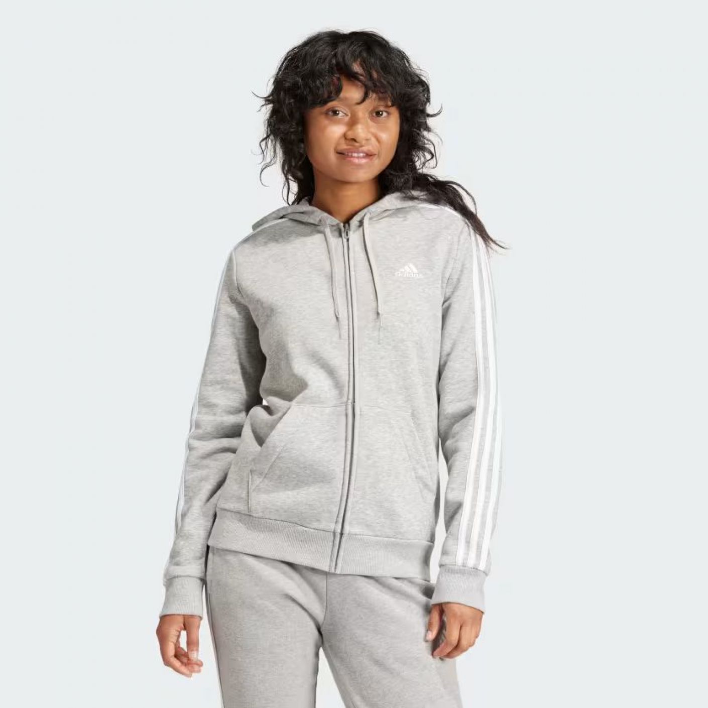 Adidas Felpa Essential Fleece 3 Stripes Full Zip Medium Grey/White da Donna