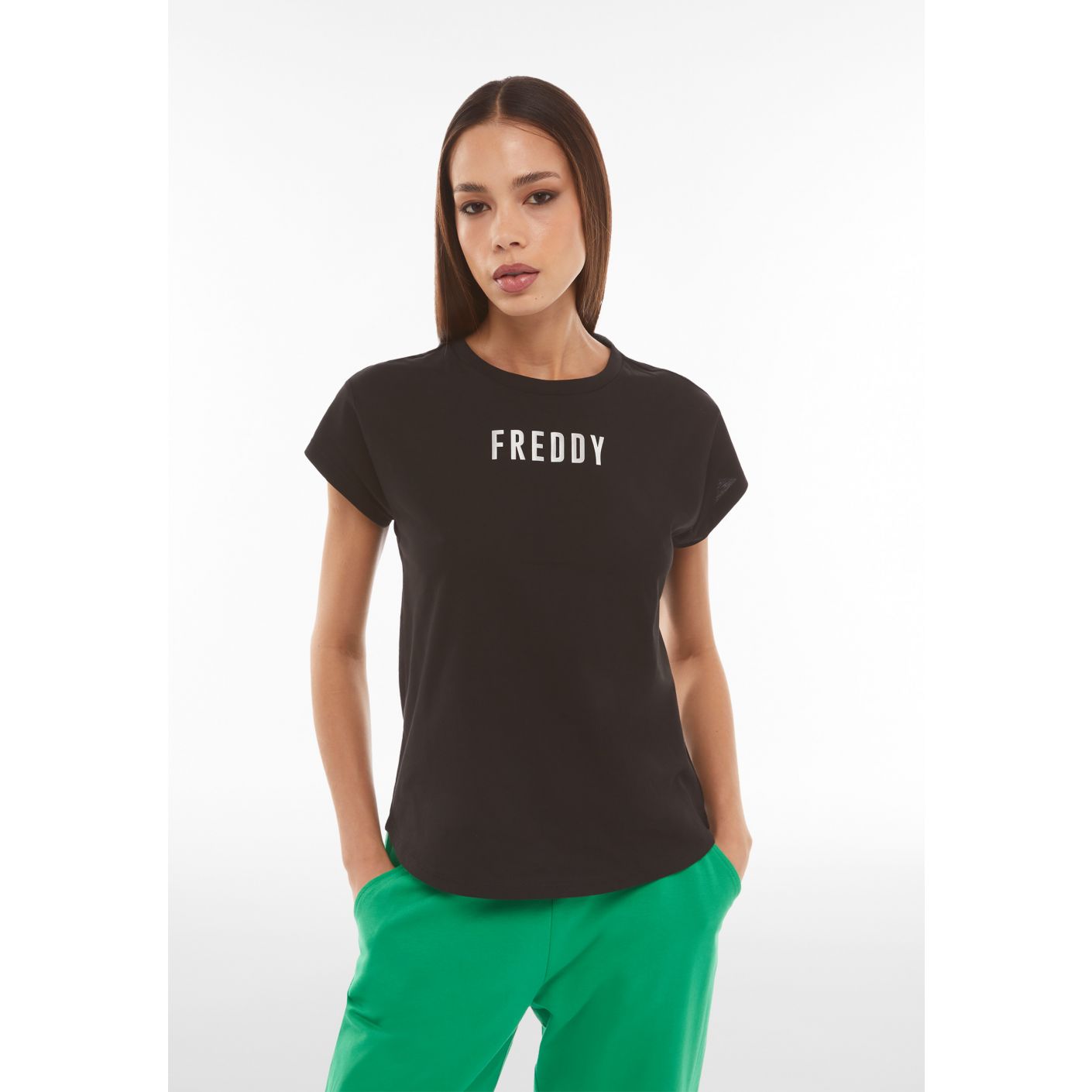 Freddy Women's Black Satin Logo Jersey T-Shirt