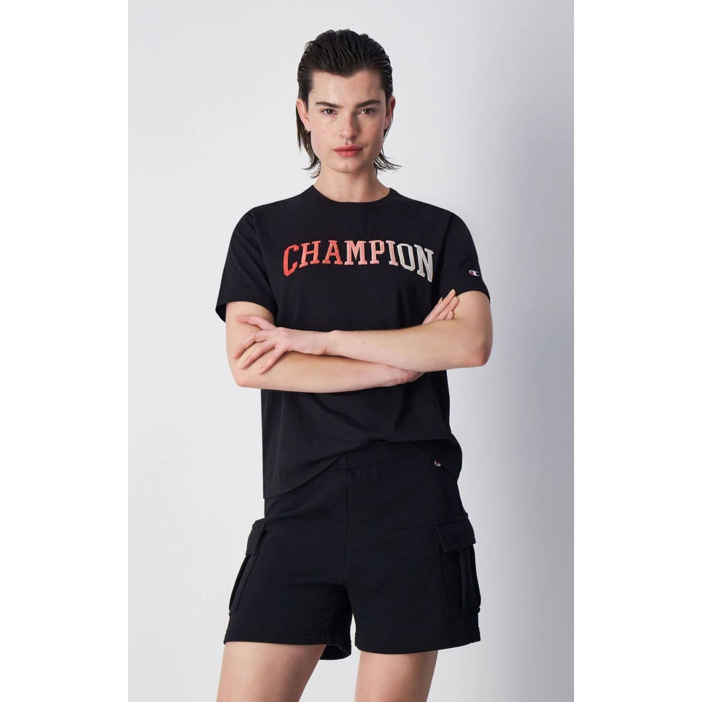 Champion T-Shirt con logo stile college Nera da Donna