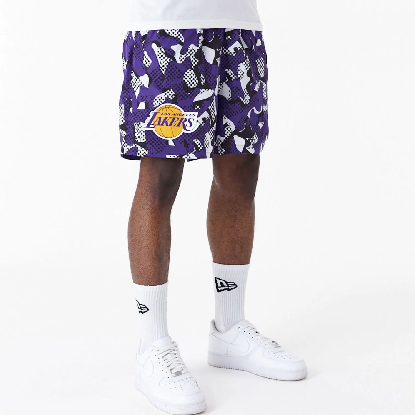 New Era Men's LA Lakers NBA All Over Print Purple Shorts