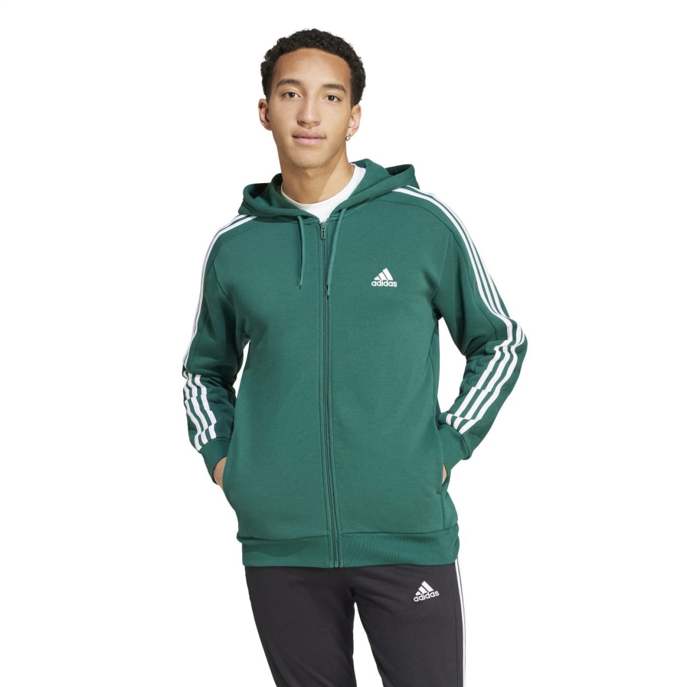 Adidas Essentials Fleece 3-Stripes Full-Zip Cgreen/White da Uomo