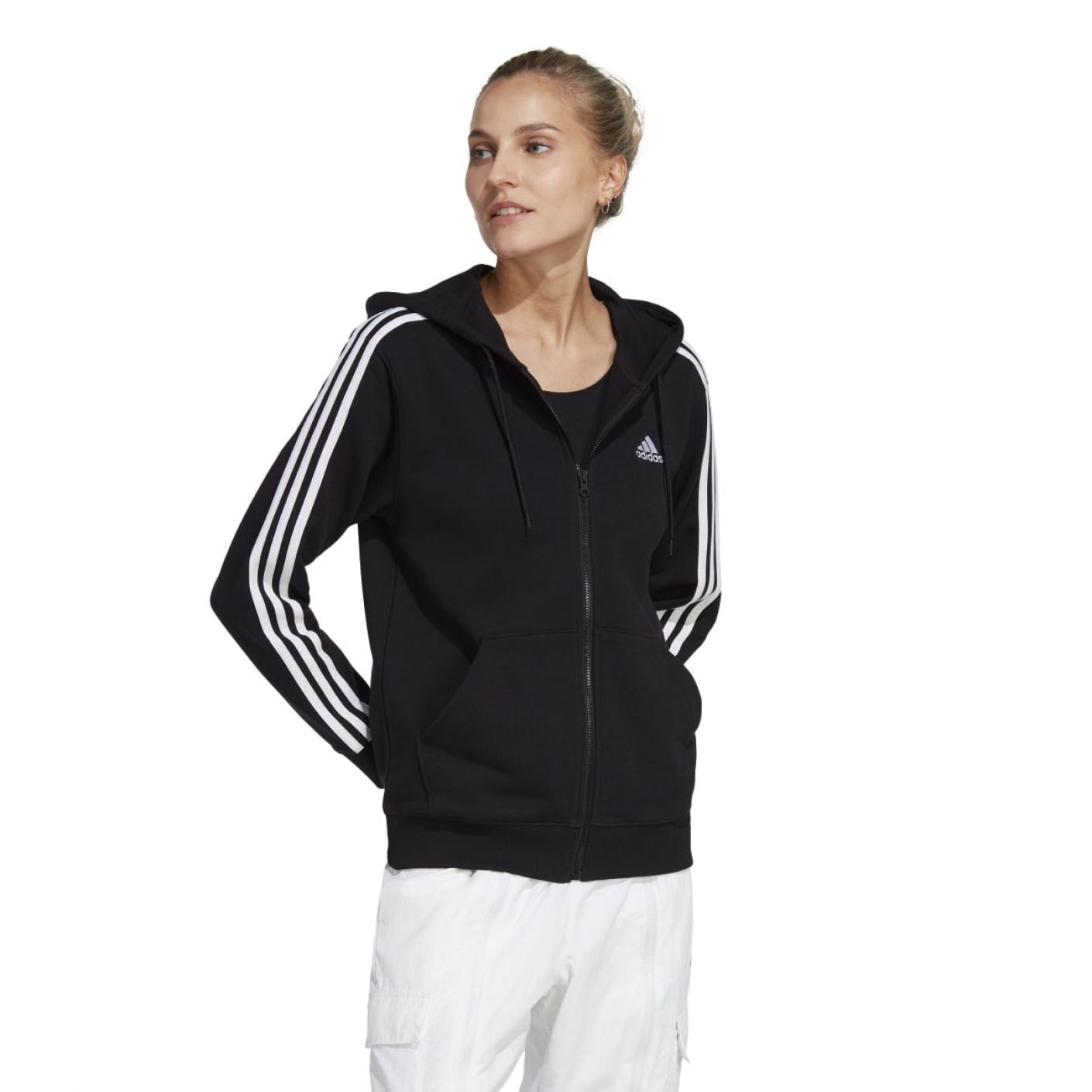 Adidas Essentials 3-Stripes French Terry Regular Full Zip Hoodie Black/White da Donna