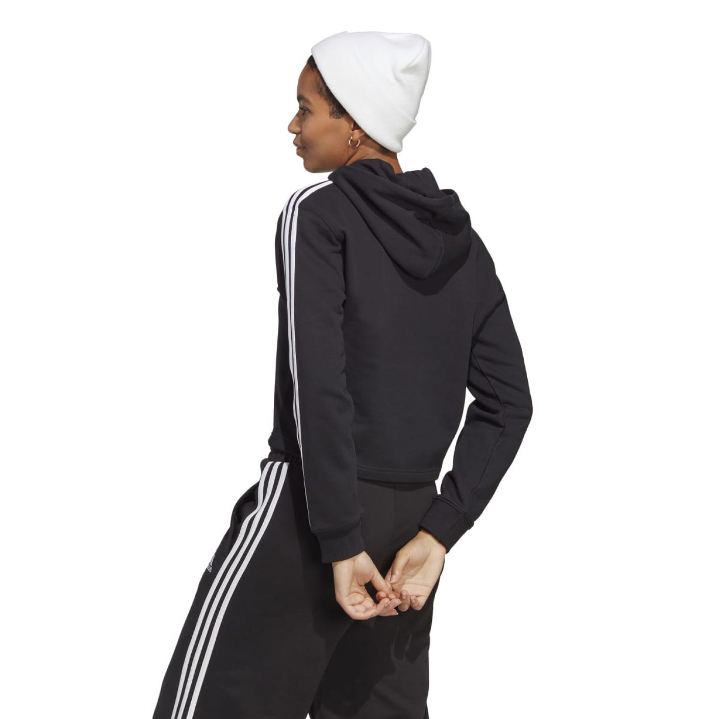 Adidas Essentials 3-Stripes French Terry Cropped Hoodie Black/White