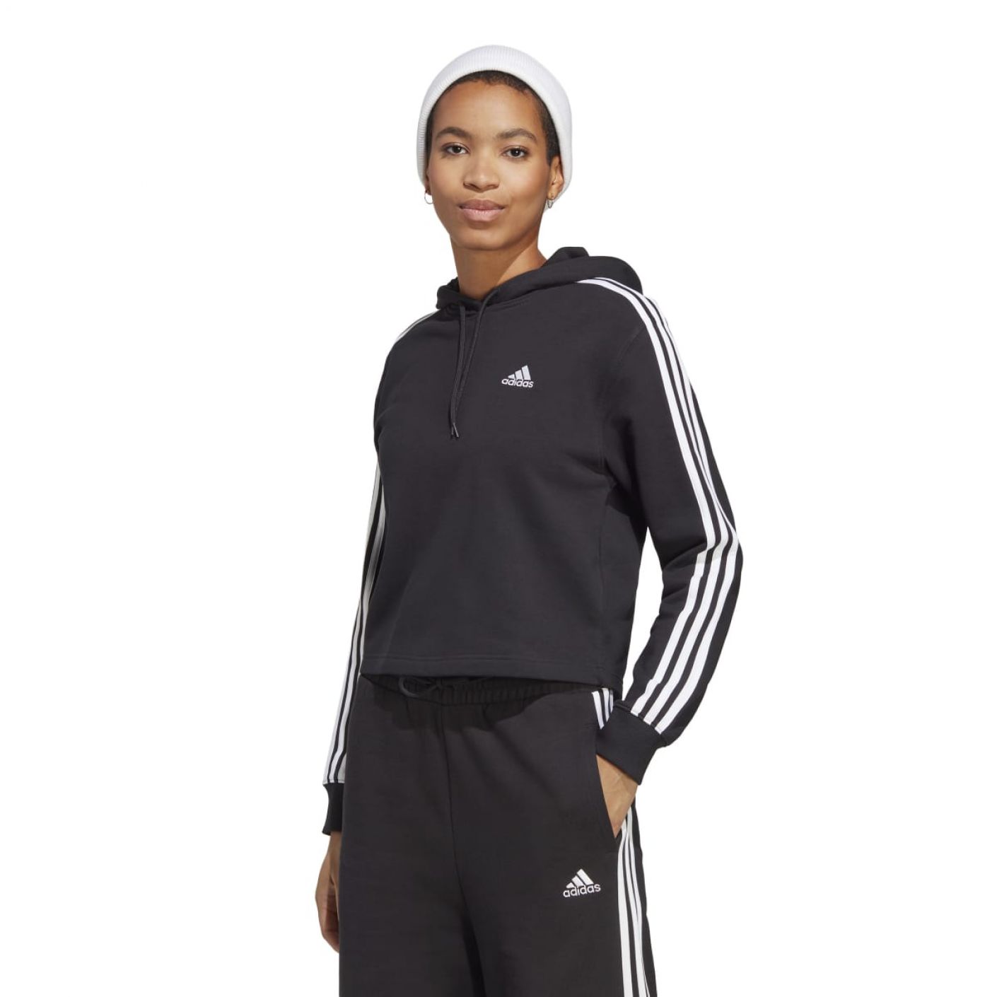 Adidas Essentials 3-Stripes French Terry Cropped Hoodie Black/White