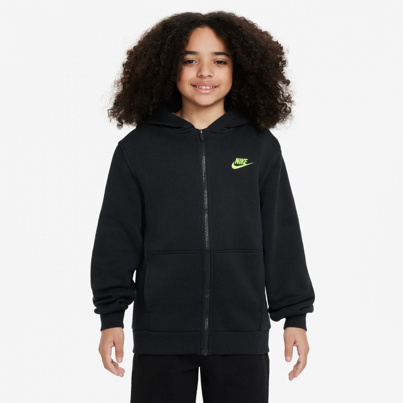 Nike Sportswear Club Fleece Full-Zip Hoodie – Boys Black/Volt