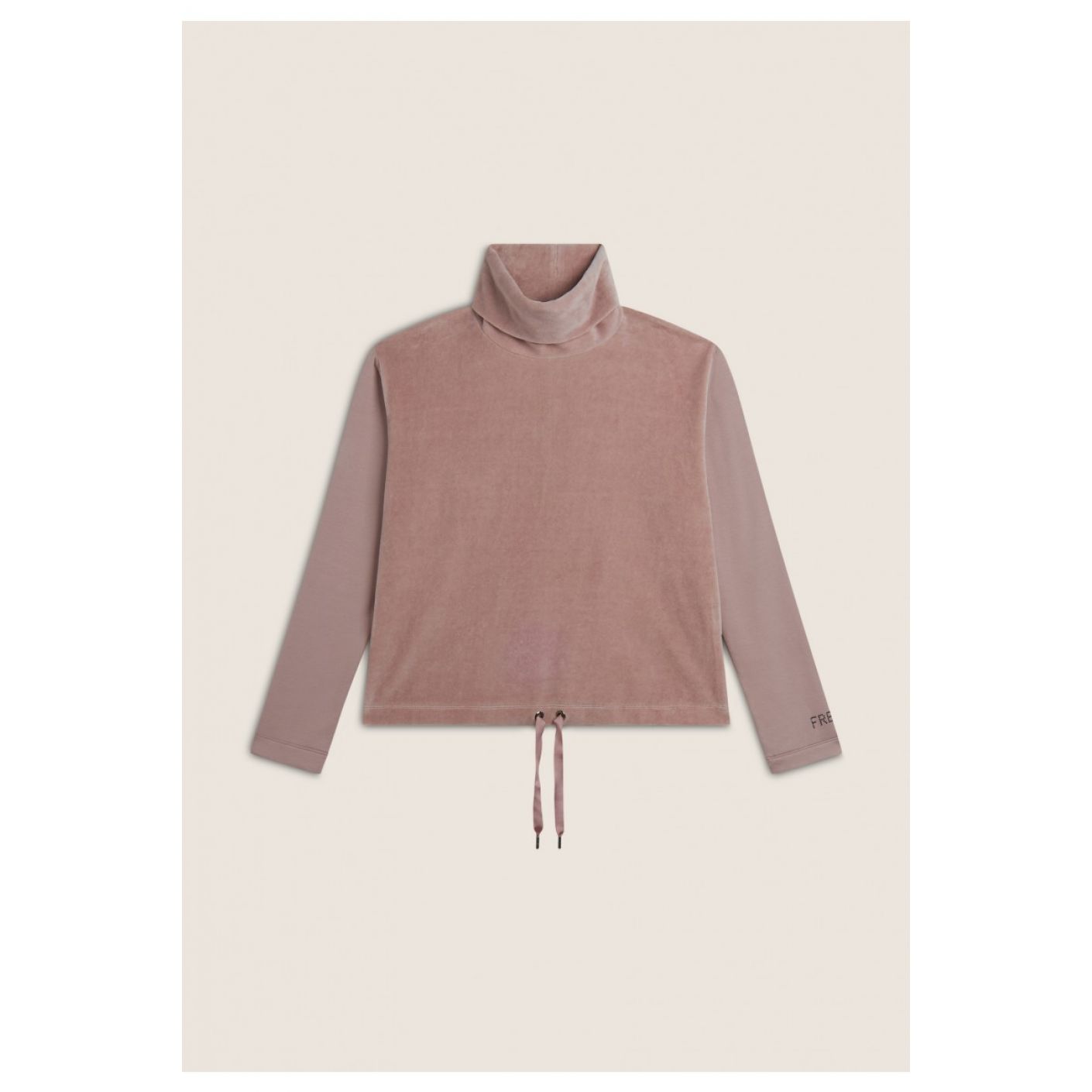 Freddy High Neck Sweatshirt with Velvet Bust and Drawstring Bottom Pink