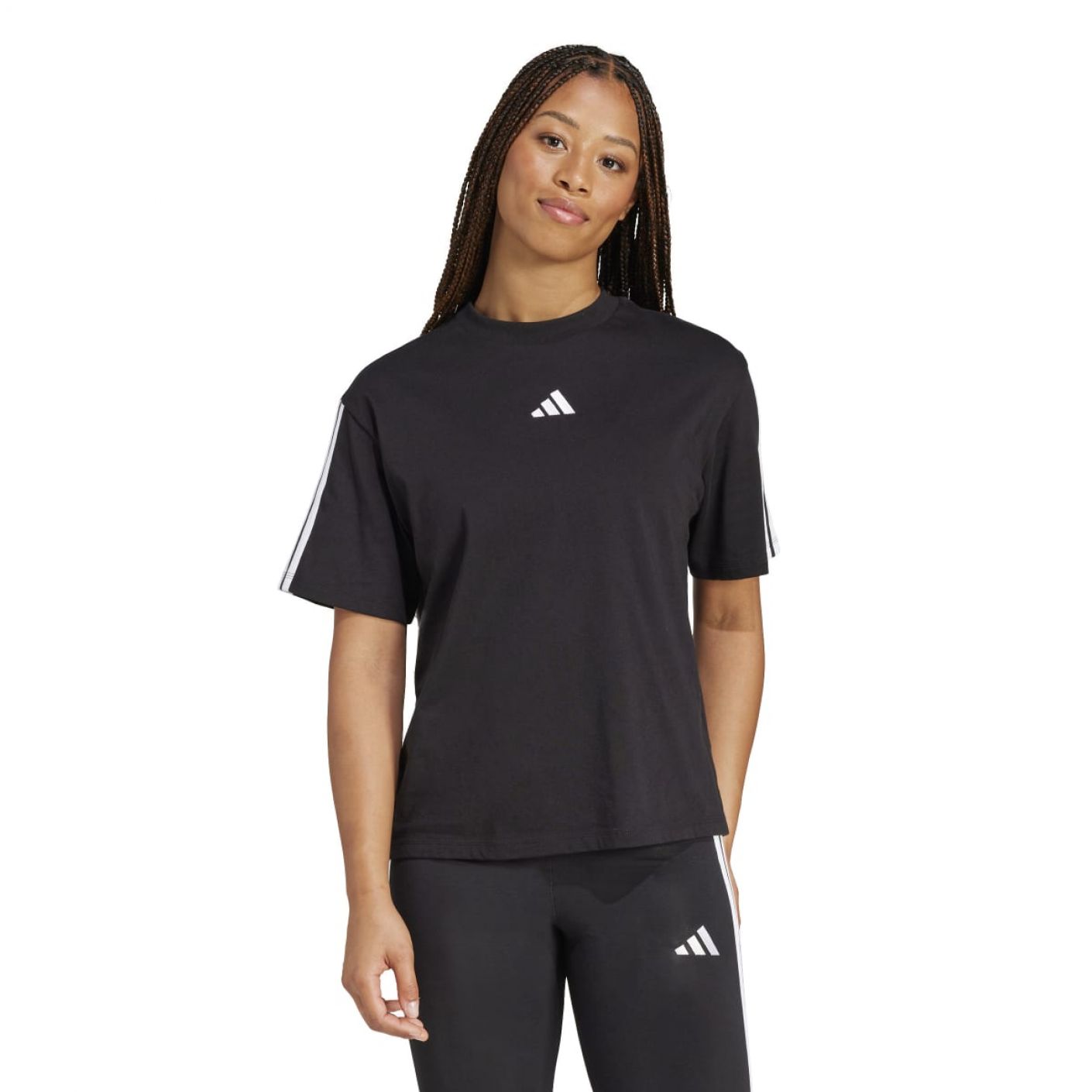 Adidas Essentials 3-Streifen Boyfriend-T-Shirt in Schwarz für Damen