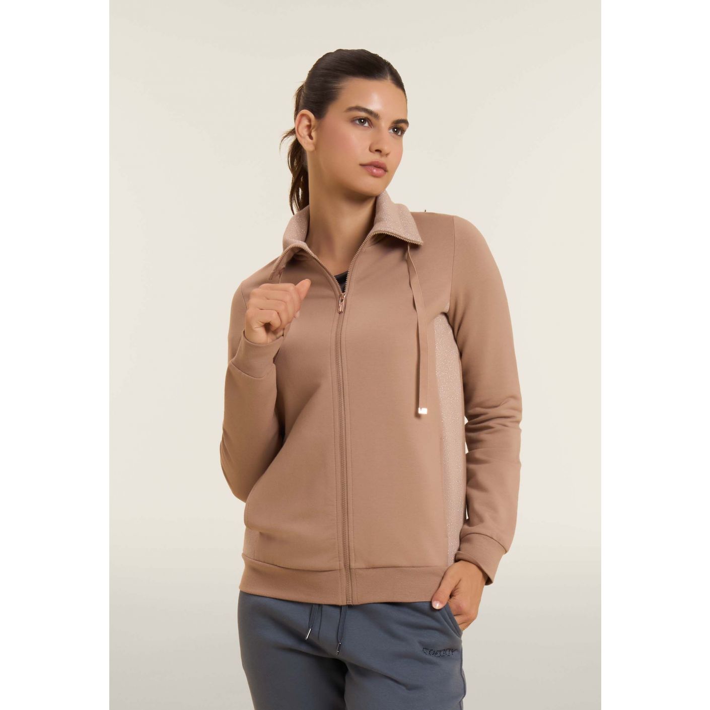 Freddy Damen-Sweatshirt mit durchgehendem Reißverschluss und hohem Kragen und Einsätzen aus Lurex-Mélange in Braun