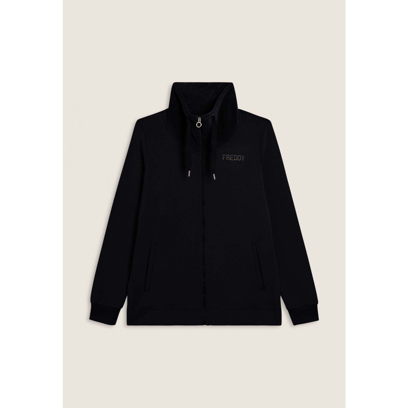 Freddy Damen-Sweatshirt mit hohem Kragen und Reißverschluss aus schwarzem Samt
