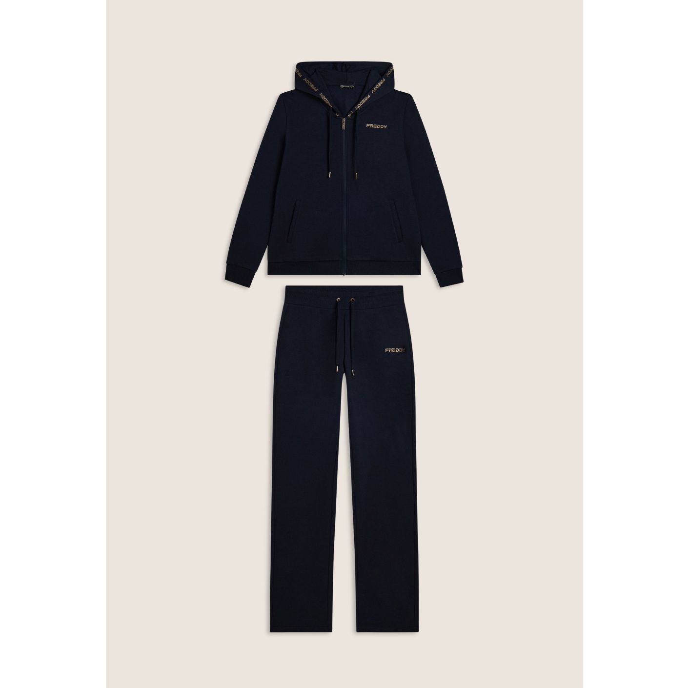 Blauer Trainingsanzug mit Kapuze und goldenem Logo für Damen von Freddy