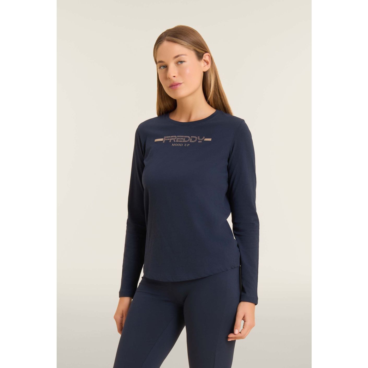 Freddy Damen T-Shirt mit langen Ärmeln und abgerundetem Saum in blau