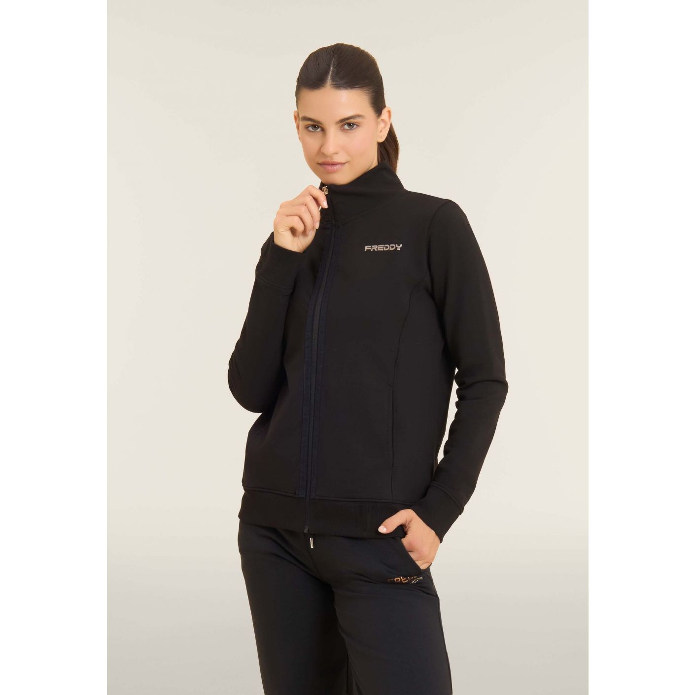 Freddy Felpa con zip e collo alto, logo minimal Nera da Donna