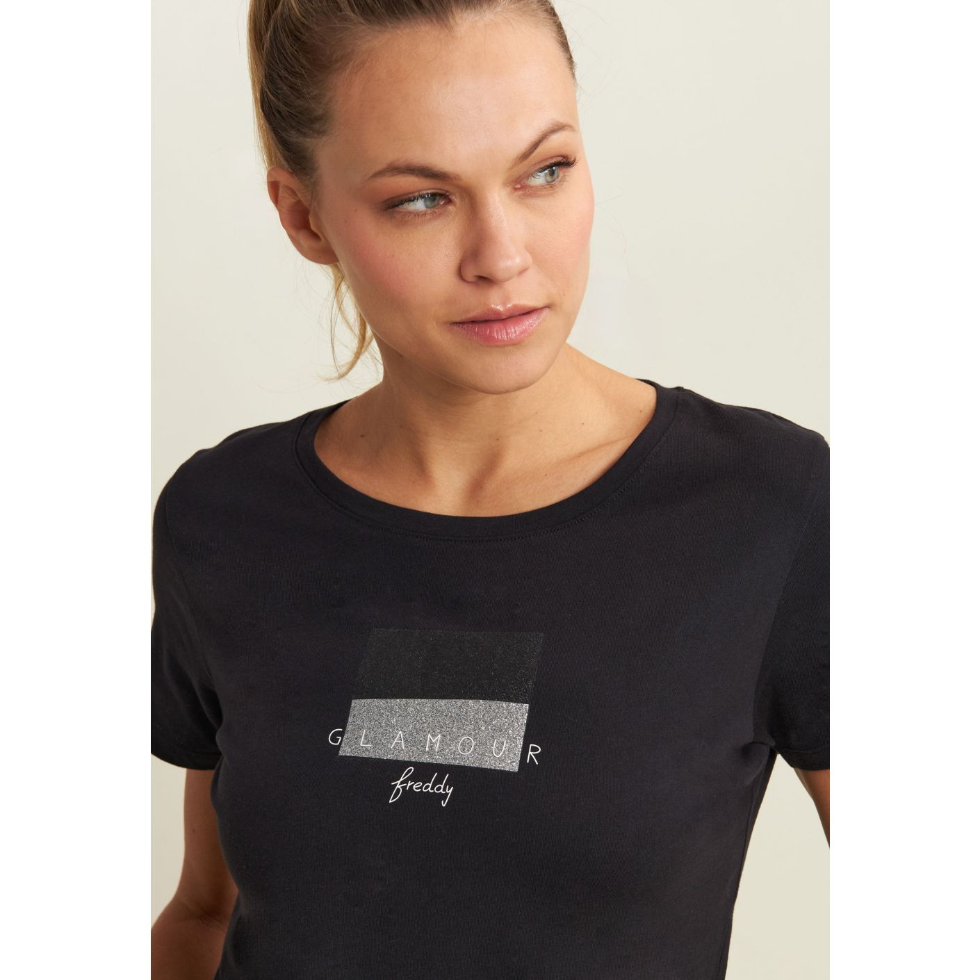 Freddy T-Shirt with Glitter and Glamour Black Writing for Women