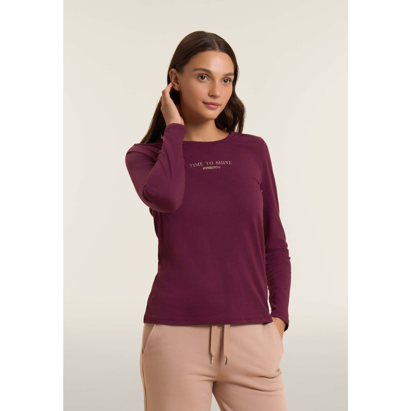 Freddy Damen Langarm T-Shirt mit Logoband an den Schultern in Bordeaux