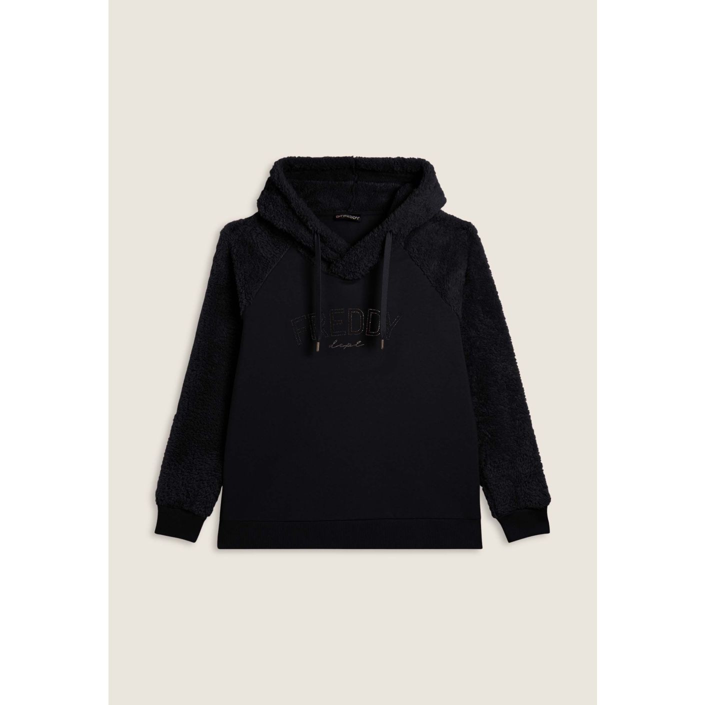 Freddy Hoodie mit Sherpa-Ärmeln und -Kapuze in Schwarz für Damen