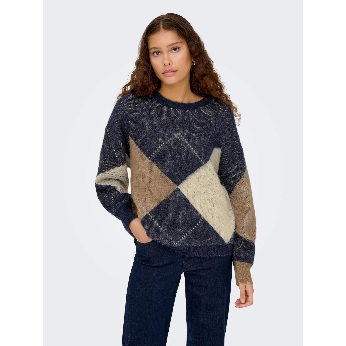 Only Maglione Onlnoeme Night Sky Cocoa Creme/Biscotti/Melange/Argyle da Donna