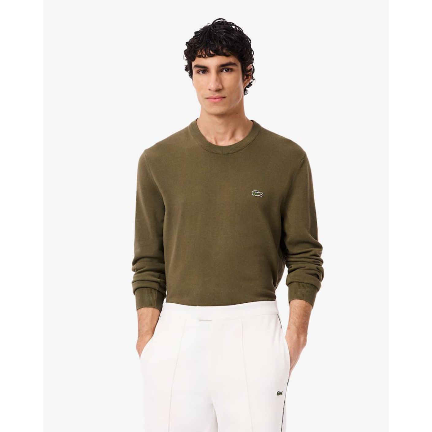 Lacoste Pullover da Uomo con Collo Rotondo Organico Verde Cachi-E9F da Uomo