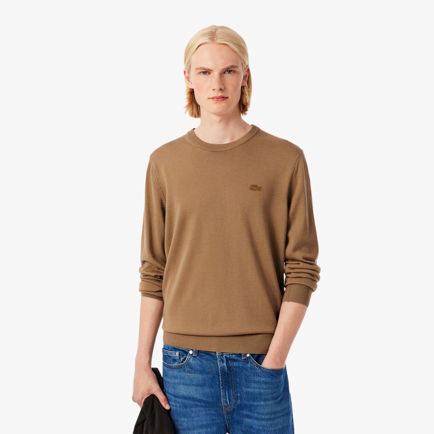 Lacoste Men's Merino Wool Pullover with Round Neck Beige