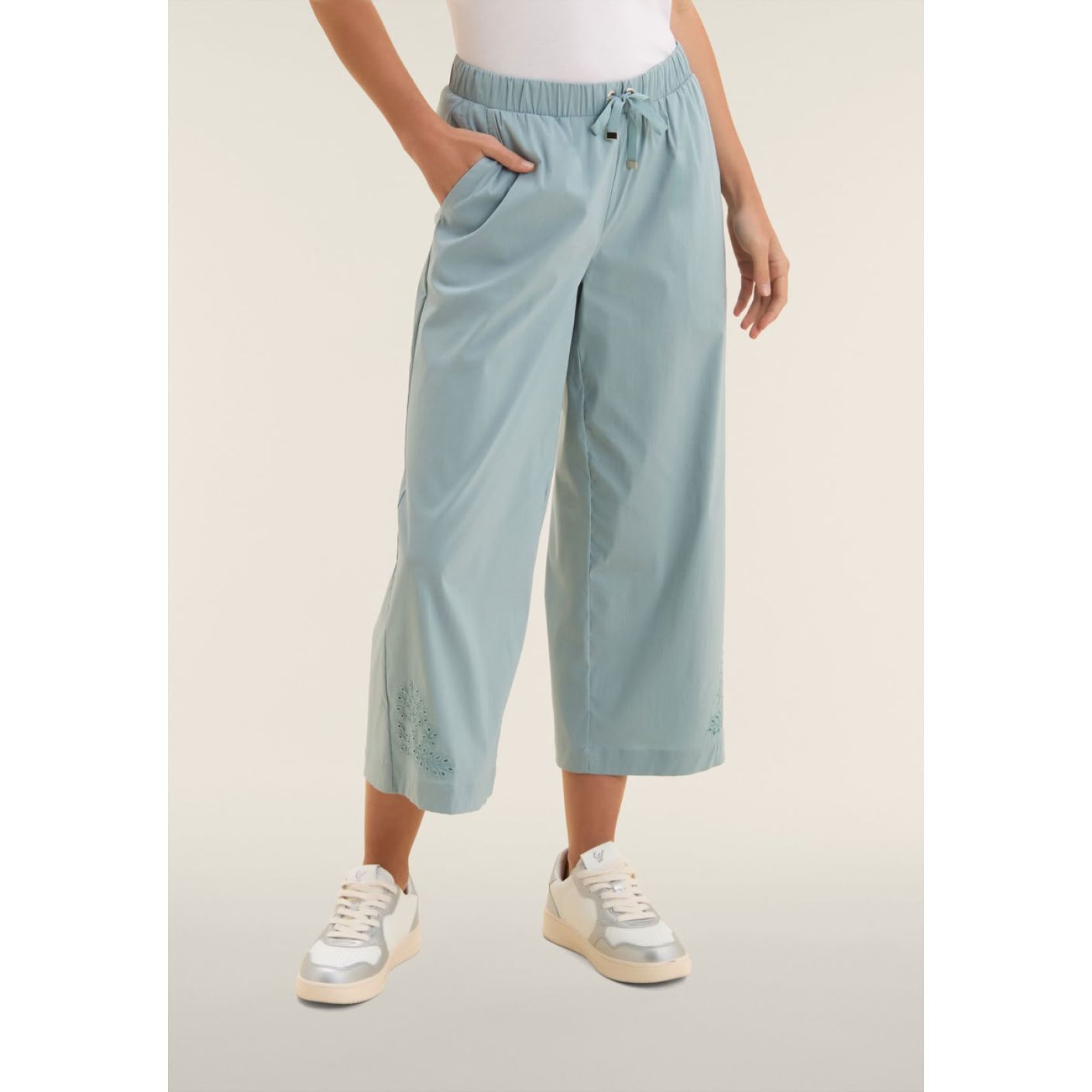Freddy Cropped Pants with Blue Embroidery for Women