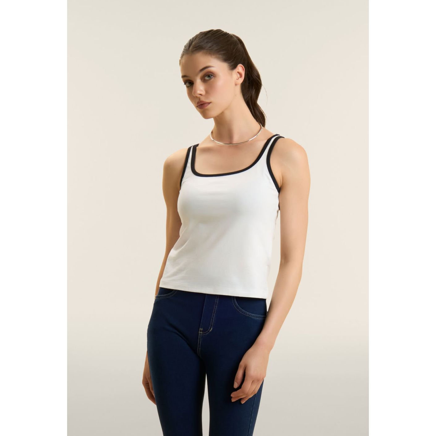 Freddy Slim Tank Top with Contrast Edges White/Black for Women