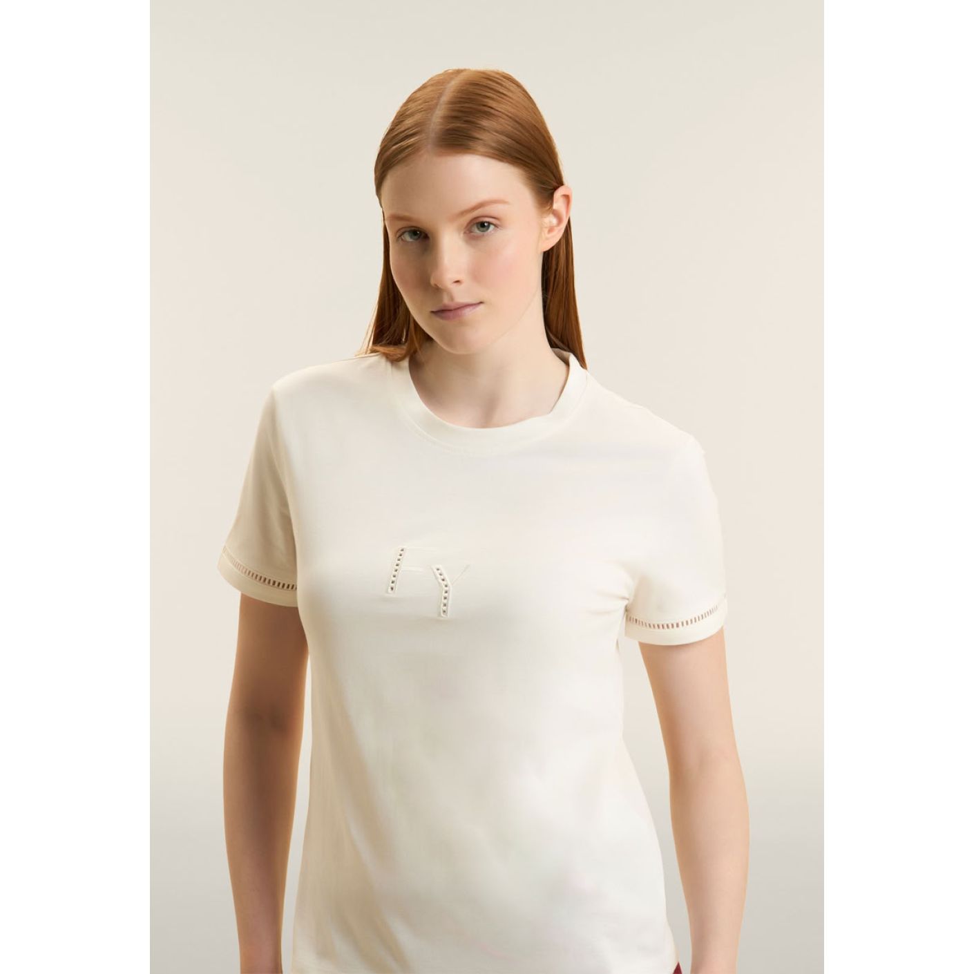 Freddy T-Shirt with perforated embroidery Egret for Women