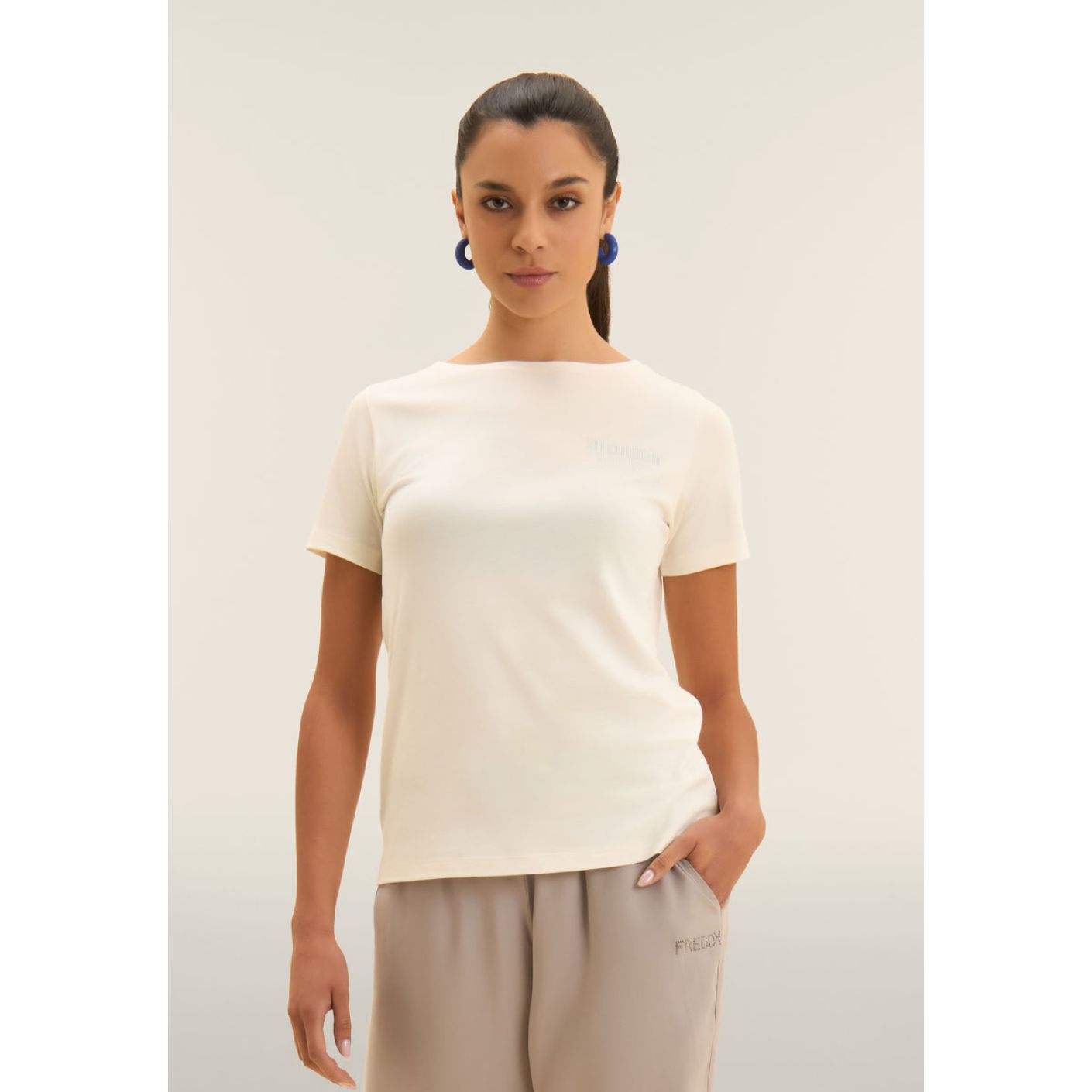 Freddy T-Shirt mit Strass in Taschenform Egret für Damen