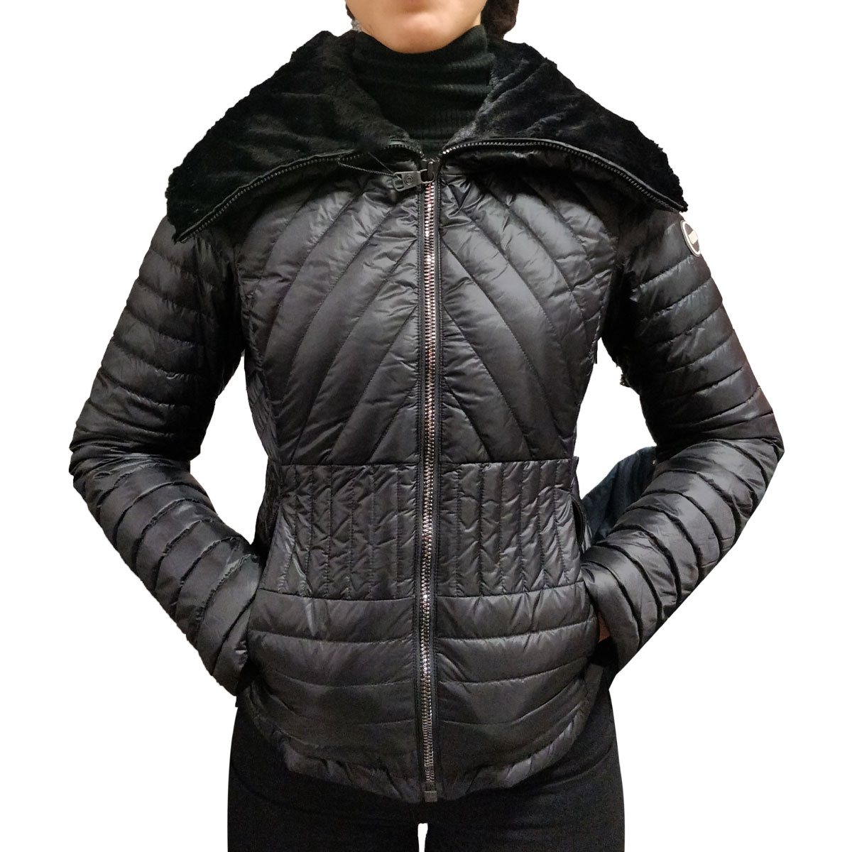 Colmar Women's Black Faux Fur Down Jacket with Wide Collar